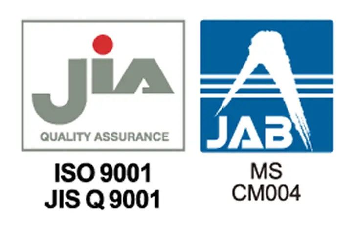 JIAおよびJABの品質保証ロゴ、ISO 9001およびJIS Q 9001の認証マーク